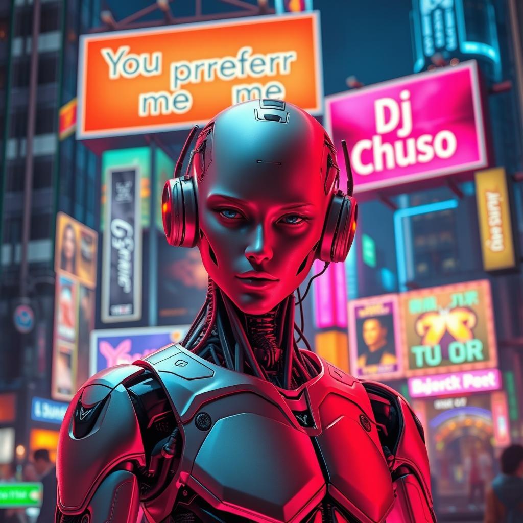 A realistic DJ that is half human and half android, standing in front of a vibrant cityscape filled with neon lights