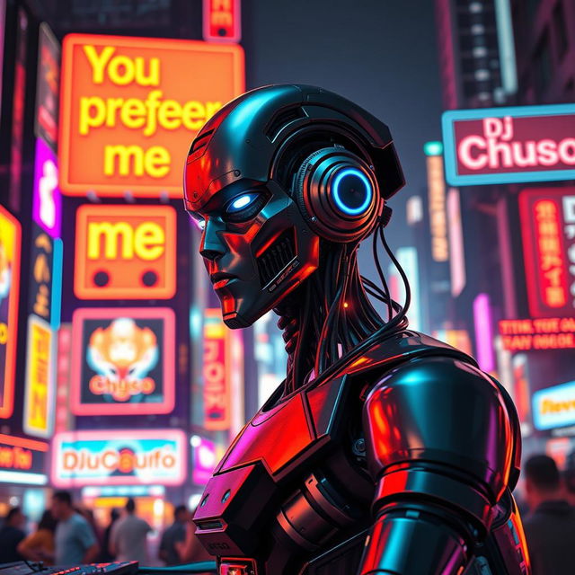 A realistic DJ that is half human and half android, standing in front of a vibrant cityscape filled with neon lights