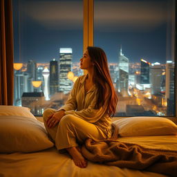 A young woman sitting gracefully on a bed, surrounded by soft pillows and a cozy blanket, gazing out of a large window that showcases a stunning night view of a bustling city skyline illuminated by countless lights from skyscrapers