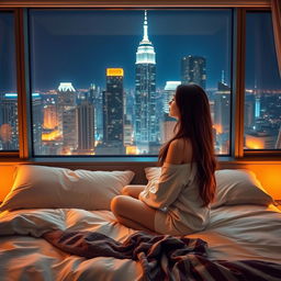 A young woman sitting gracefully on a bed, surrounded by soft pillows and a cozy blanket, gazing out of a large window that showcases a stunning night view of a bustling city skyline illuminated by countless lights from skyscrapers