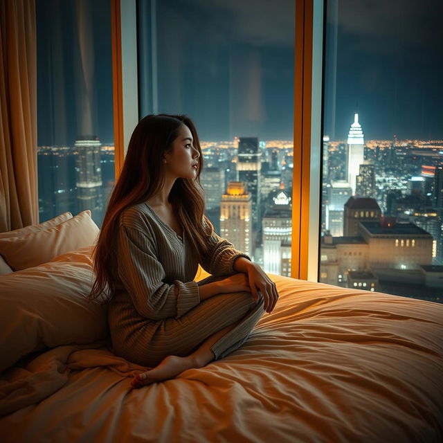 A young woman sitting gracefully on a bed, surrounded by soft pillows and a cozy blanket, gazing out of a large window that showcases a stunning night view of a bustling city skyline illuminated by countless lights from skyscrapers