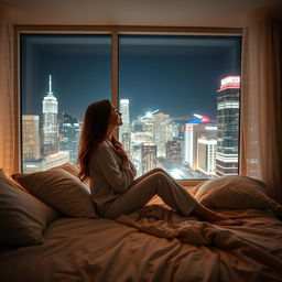 A young woman sitting gracefully on a bed, surrounded by soft pillows and a cozy blanket, gazing out of a large window that showcases a stunning night view of a bustling city skyline illuminated by countless lights from skyscrapers