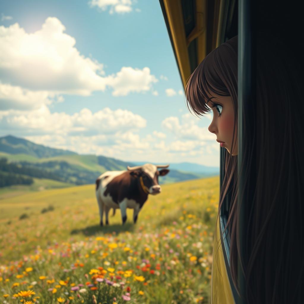 A poignant scene of a sad girl with long, flowing hair peeking through a bus window, her expression reflecting sorrow as she gazes at a deceased cow in a picturesque landscape