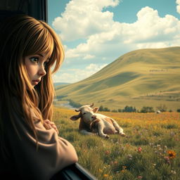 A poignant scene of a sad girl with long, flowing hair peeking through a bus window, her expression reflecting sorrow as she gazes at a deceased cow in a picturesque landscape