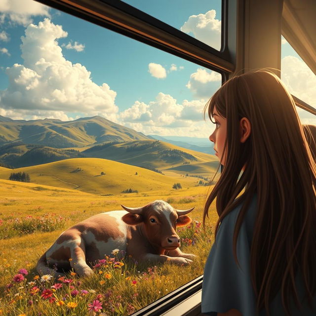 A poignant scene of a sad girl with long, flowing hair peeking through a bus window, her expression reflecting sorrow as she gazes at a deceased cow in a picturesque landscape