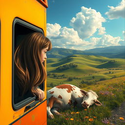 A poignant scene of a sad girl with long, flowing hair peeking through a bus window, her expression reflecting sorrow as she gazes at a deceased cow in a picturesque landscape
