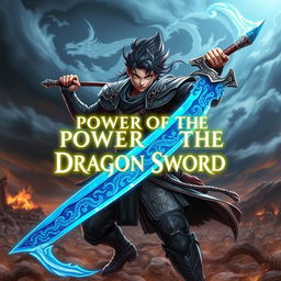 A powerful warrior character in a dynamic pose, holding a vivid blue sword, intricately designed to resemble a dragon