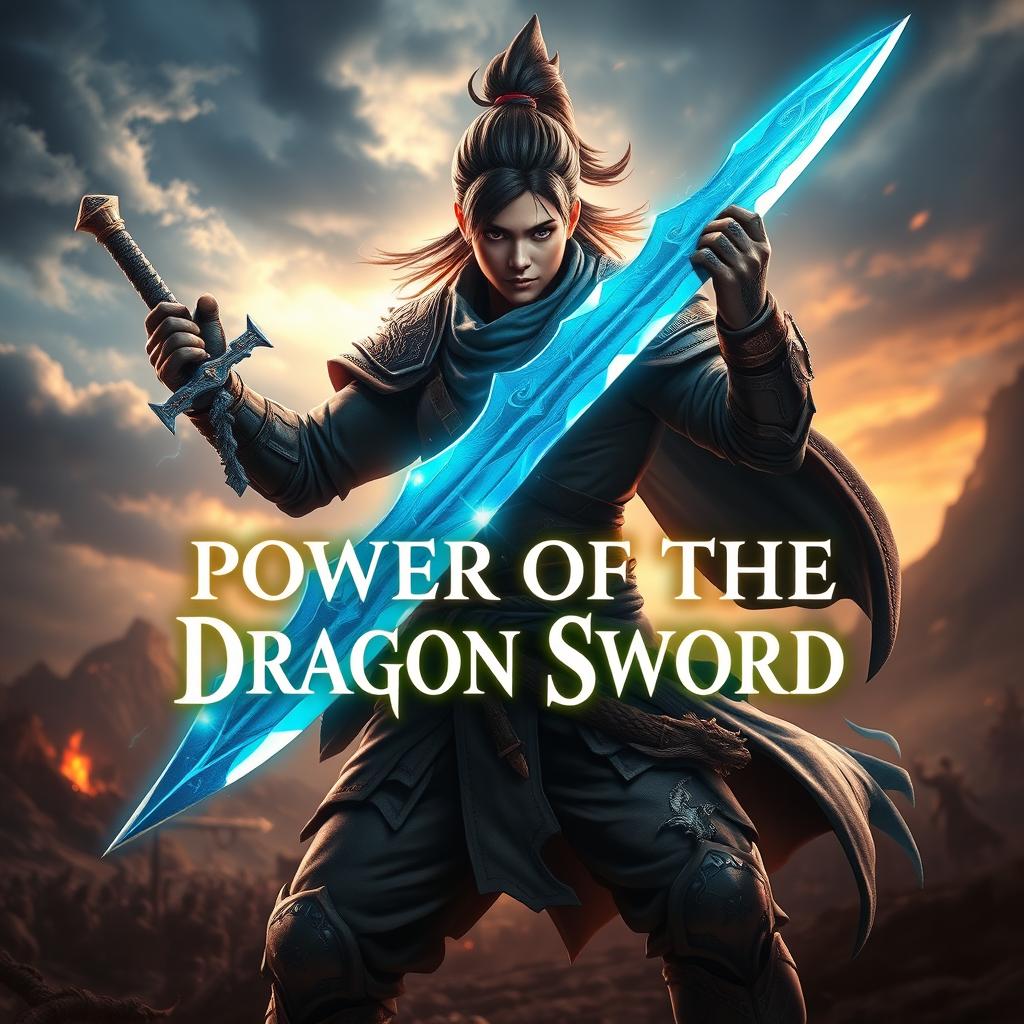 A powerful warrior character in a dynamic pose, holding a vivid blue sword, intricately designed to resemble a dragon