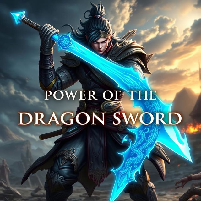 A powerful warrior character in a dynamic pose, holding a vivid blue sword, intricately designed to resemble a dragon