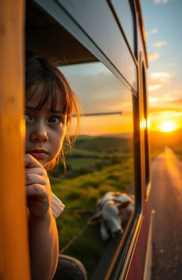 A poignant scene featuring a young girl with a sad expression, peeking through a bus window