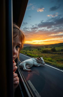 A poignant scene featuring a young girl with a sad expression, peeking through a bus window