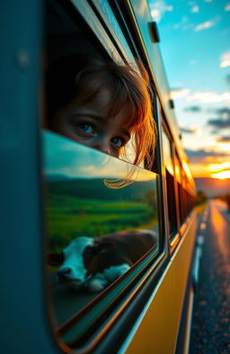 A poignant scene featuring a young girl with a sad expression, peeking through a bus window