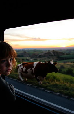 A poignant scene featuring a young girl with a sad expression, peeking through a bus window