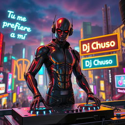 A DJ that is half human and half android, standing confidently with a turntable setup