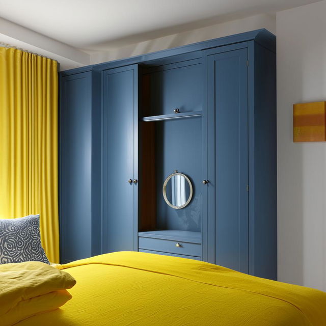 A modern bedroom with a harmonious blend of blue and yellow hues. It features a sleek blue cupboard, a contemporary dressing table, and a cozy bed with yellow linens. The room radiates warmth and comfort while maintaining a stylish demeanor.