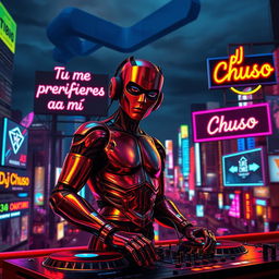A DJ that is half human and half android, standing confidently with a turntable setup