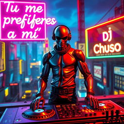 A DJ that is half human and half android, standing confidently with a turntable setup