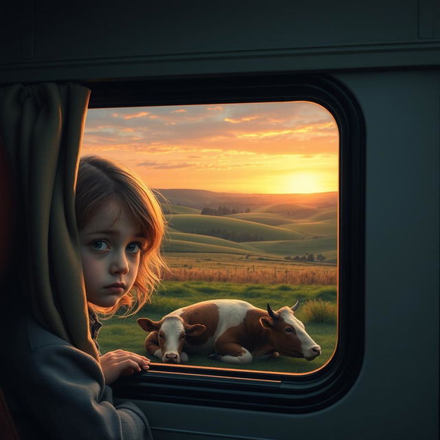 A poignant image of a sad little girl peeking through the bus window, her expression filled with sorrow