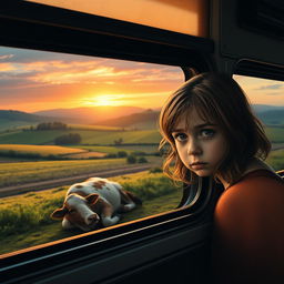A poignant image of a sad little girl peeking through the bus window, her expression filled with sorrow