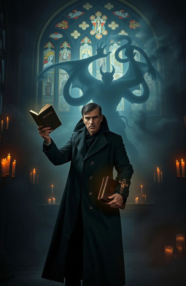 A dramatic scene depicting a determined exorcist, clad in a long, dark trench coat, standing in a dimly lit, ancient church