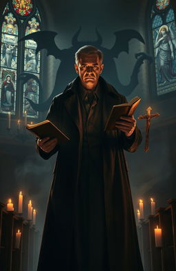A dramatic scene depicting a determined exorcist, clad in a long, dark trench coat, standing in a dimly lit, ancient church