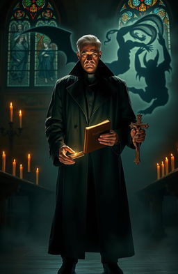 A dramatic scene depicting a determined exorcist, clad in a long, dark trench coat, standing in a dimly lit, ancient church