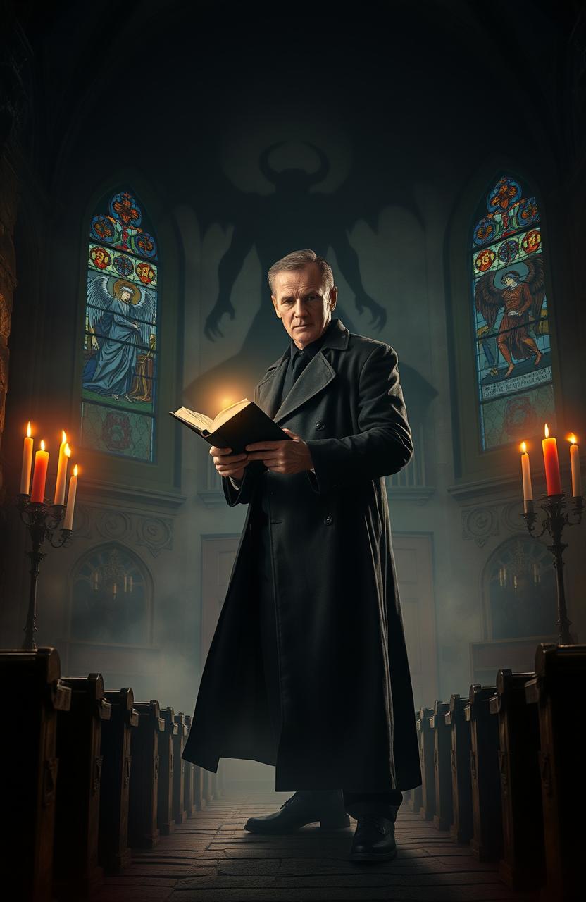 A dramatic scene depicting a determined exorcist, clad in a long, dark trench coat, standing in a dimly lit, ancient church