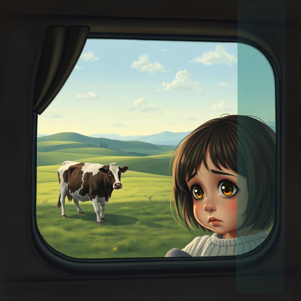 A sad little girl with big, expressive eyes, peeking through a bus window, gazing at a deceased cow in a pastoral setting