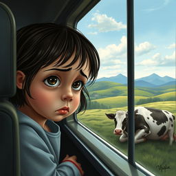 A sad little girl with big, expressive eyes, peeking through a bus window, gazing at a deceased cow in a pastoral setting