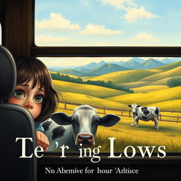 A sad little girl with big, expressive eyes, peeking through a bus window, gazing at a deceased cow in a pastoral setting