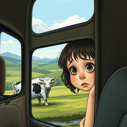 A sad little girl with big, expressive eyes, peeking through a bus window, gazing at a deceased cow in a pastoral setting