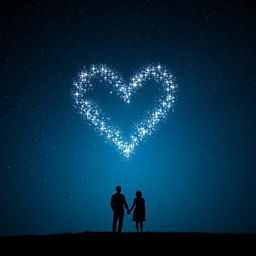 A captivating scene depicting a dark night sky filled with twinkling stars, intricately forming a radiant heart-shaped constellation