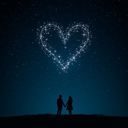 A captivating scene depicting a dark night sky filled with twinkling stars, intricately forming a radiant heart-shaped constellation