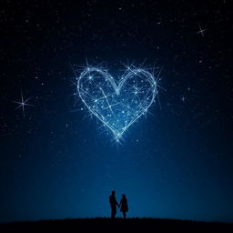 A captivating scene depicting a dark night sky filled with twinkling stars, intricately forming a radiant heart-shaped constellation