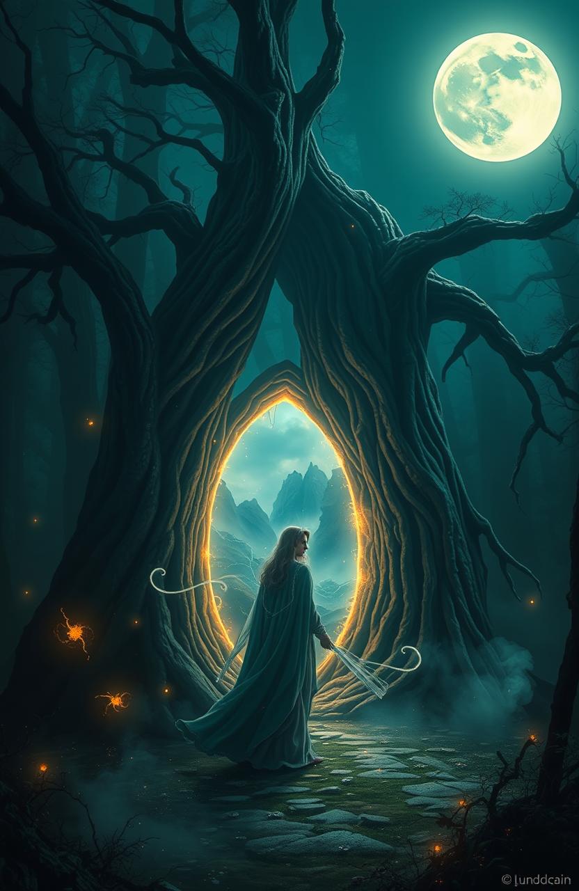 A mystical and enchanting scene depicting supernatural elements, featuring a dark and mysterious forest illuminated by ethereal lights