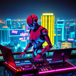 Un DJ mitad humano y mitad androide, con detalles realistas en su diseño, como circuitos visibles y piel humana