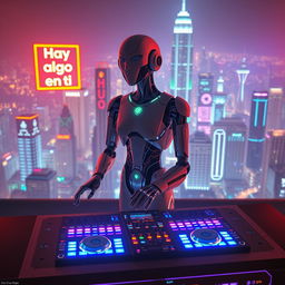 Un DJ mitad humano y mitad androide, con detalles realistas en su diseño, como circuitos visibles y piel humana