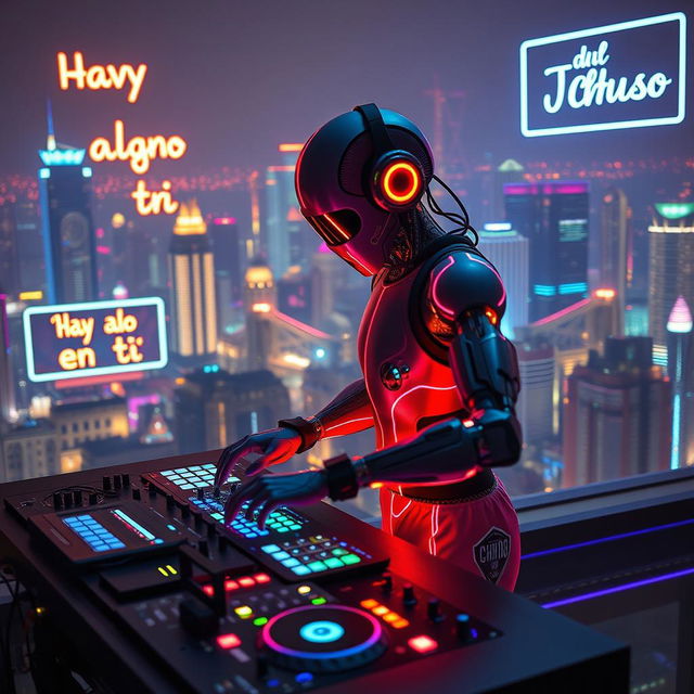 Un DJ mitad humano y mitad androide, con detalles realistas en su diseño, como circuitos visibles y piel humana