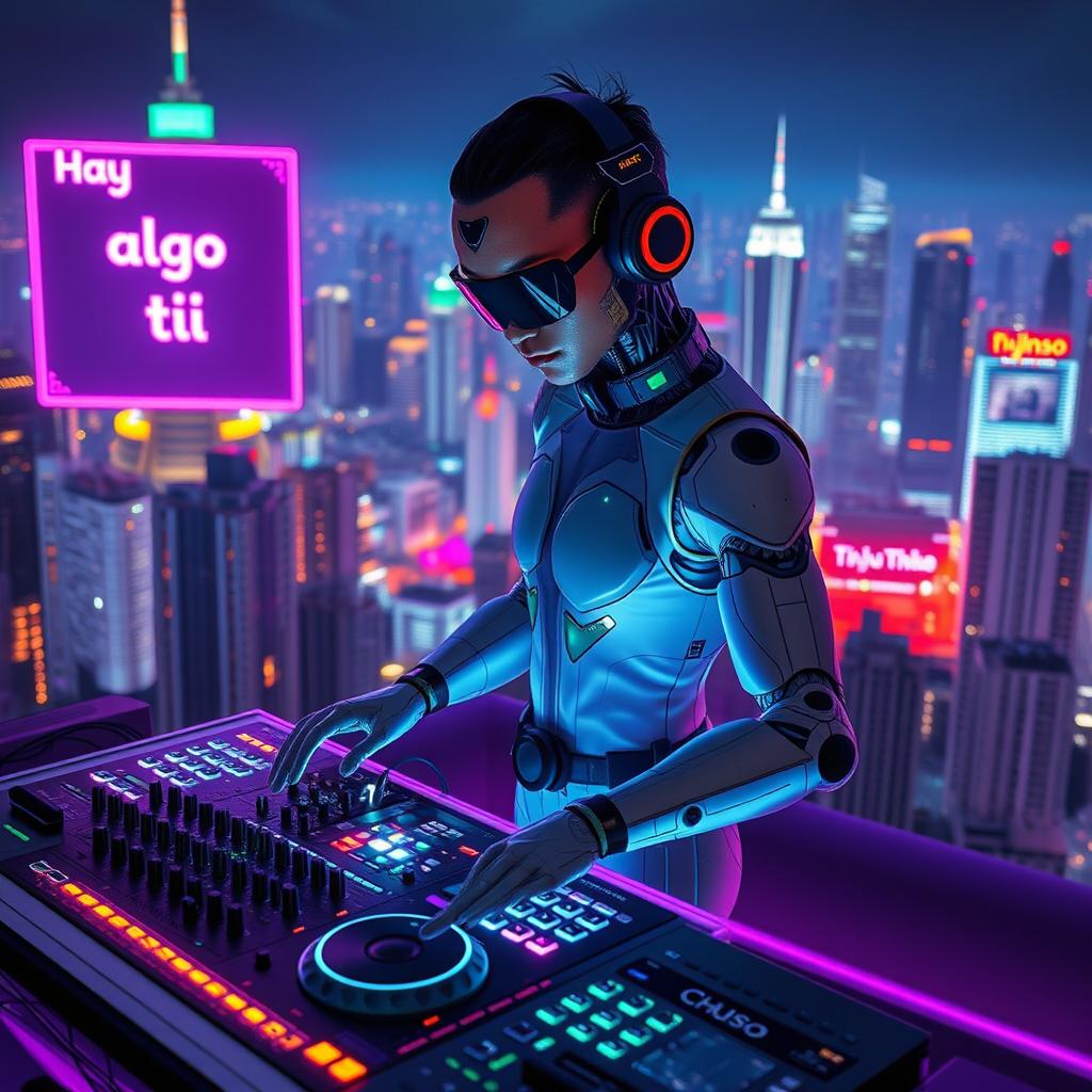 Un DJ mitad humano y mitad androide, con detalles realistas en su diseño, como circuitos visibles y piel humana