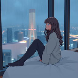 A girl sitting on the edge of a bed, gazing out of a large window in a sleek skyscraper, with raindrops sliding down the glass