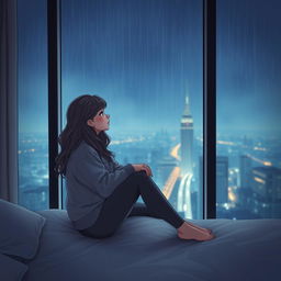 A girl sitting on the edge of a bed, gazing out of a large window in a sleek skyscraper, with raindrops sliding down the glass