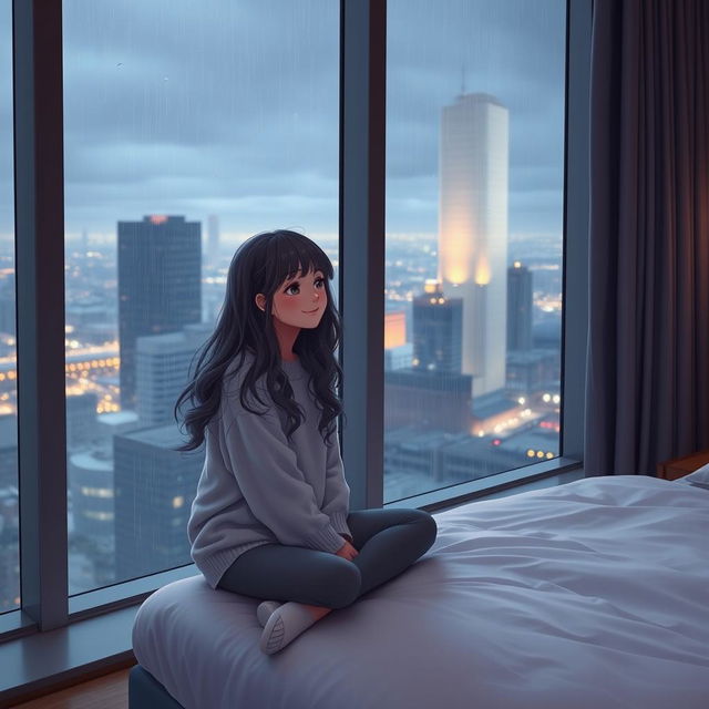 A girl sitting on the edge of a bed, gazing out of a large window in a sleek skyscraper, with raindrops sliding down the glass