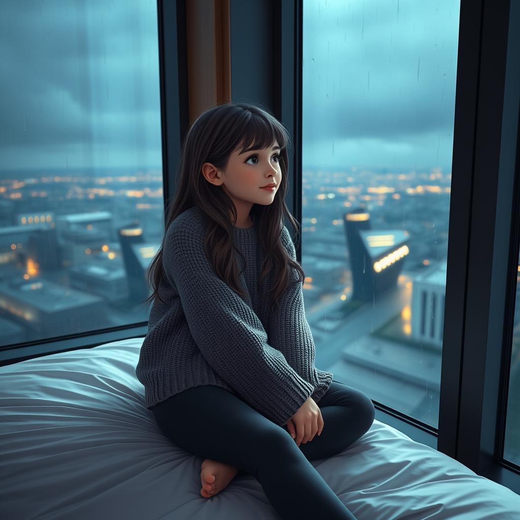 A girl sitting on the edge of a bed, gazing out of a large window in a sleek skyscraper, with raindrops sliding down the glass