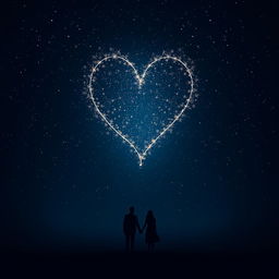 A captivating scene depicting a dark night sky filled with twinkling stars, intricately forming a radiant heart-shaped constellation