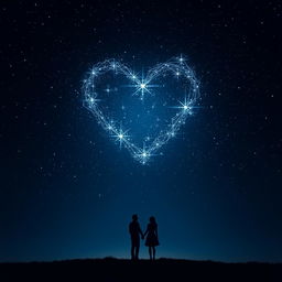 A captivating scene depicting a dark night sky filled with twinkling stars, intricately forming a radiant heart-shaped constellation