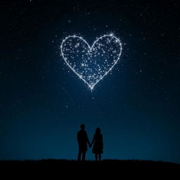 A captivating scene depicting a dark night sky filled with twinkling stars, intricately forming a radiant heart-shaped constellation
