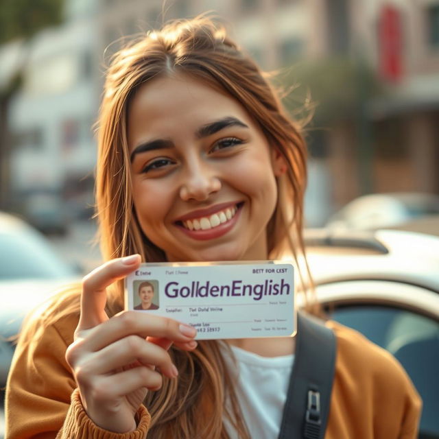 A young woman holding a driver's license in her hand, with the words 'GoldenEnglish' written on it