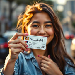 A young woman holding a driver's license in her hand, with the words 'GoldenEnglish' written on it