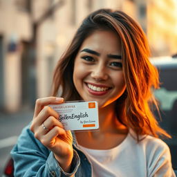 A young woman holding a driver's license in her hand, with the words 'GoldenEnglish' written on it