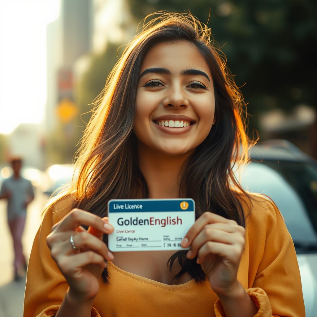 A young woman holding a driver's license in her hand, with the words 'GoldenEnglish' written on it